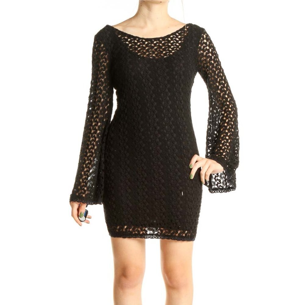 FREE PEOPLE Black Crochet Knit Bell Sleeve Boho Sheath Mini Dress Size XS